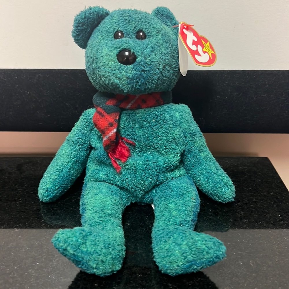 Ty beanie baby original retired Wallace green bear scarf 1999 008421042647